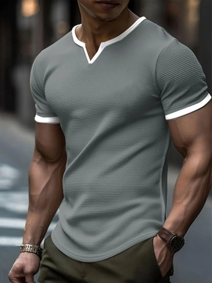 Men's colour-block V-neck waffle texture t-shirt in polyester for sports