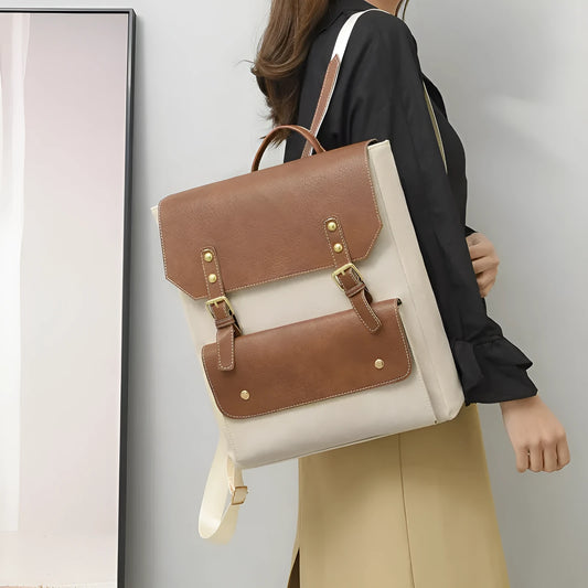 Korean retro style backpack showing ventilation channels on back panel, front view with zipper closed