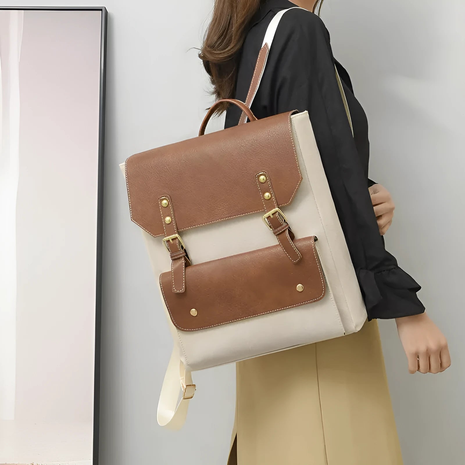 Korean style retro backpack in black colour showing soft PU material and simple design