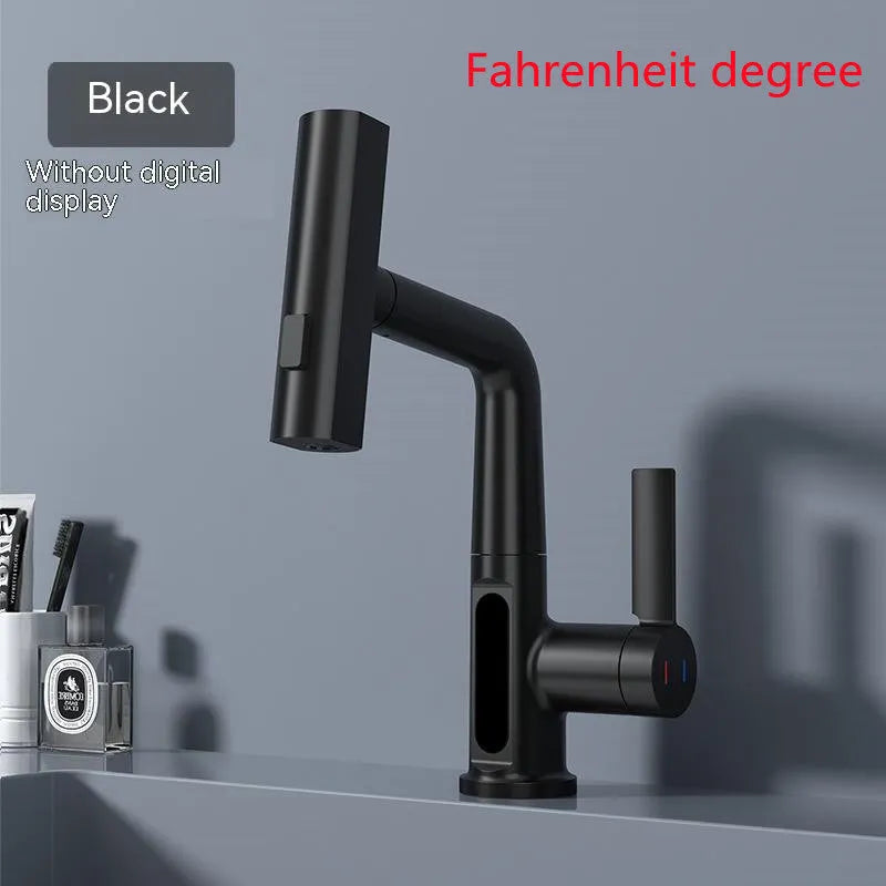 Modern digital display kitchen tap with pull-out spray hose showing LED temperature screen.