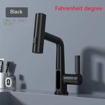 Modern digital display kitchen tap with pull-out spray hose showing LED temperature screen.