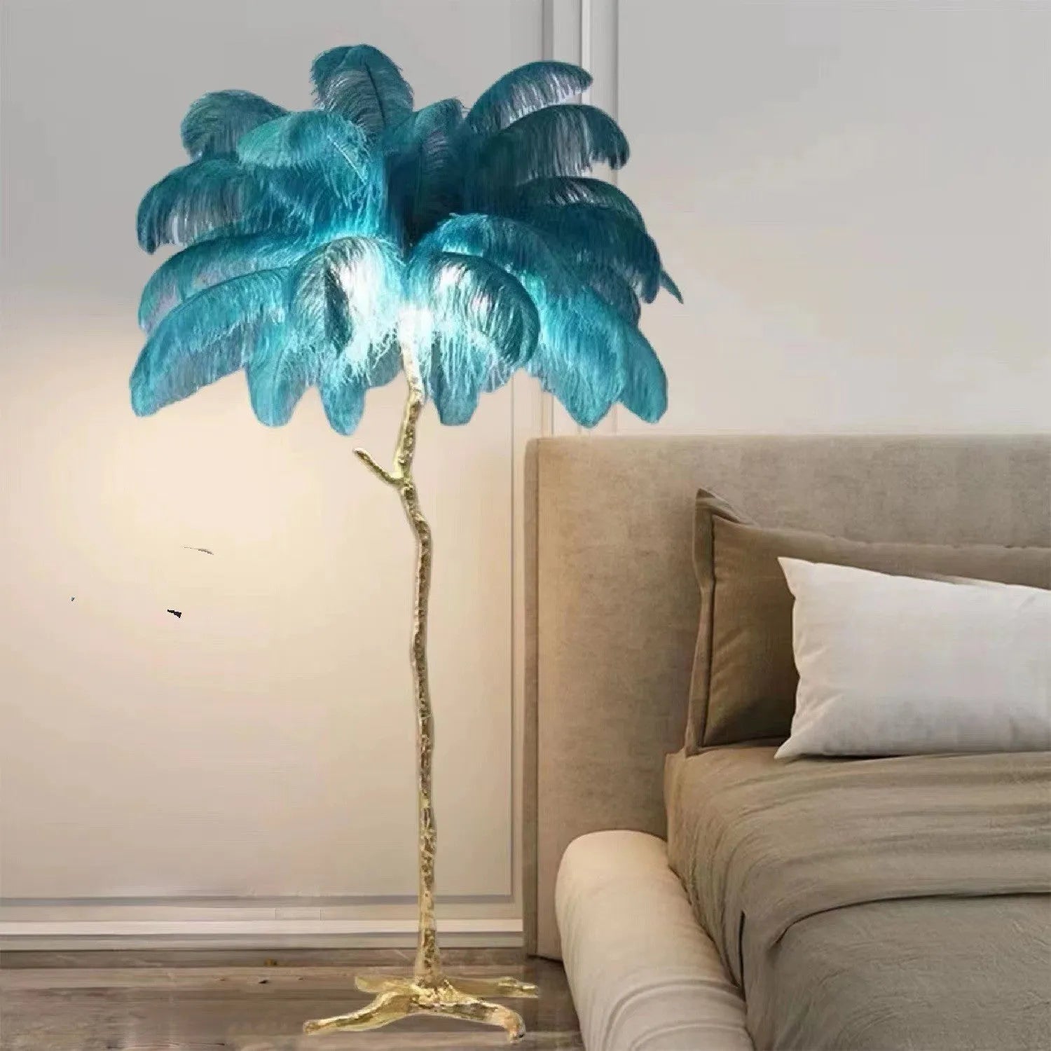 Tall decorative floor lamp with 32 resin feathers in living room setting