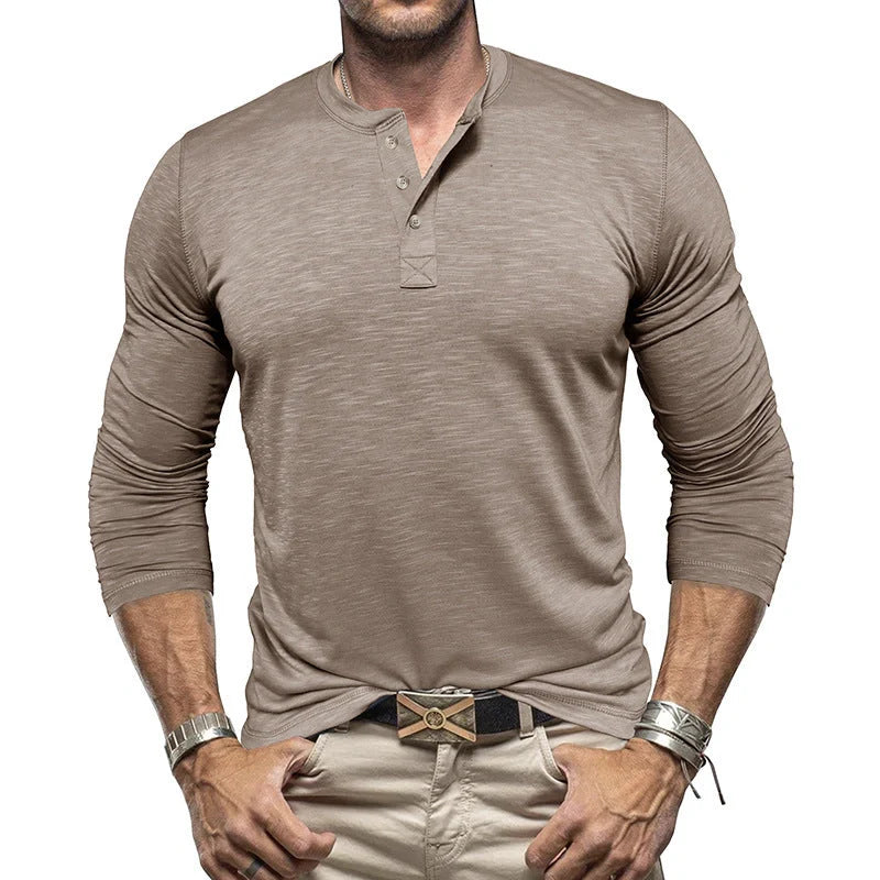 Premium long-sleeve henley shirt for men in a variety of colors and sizes
