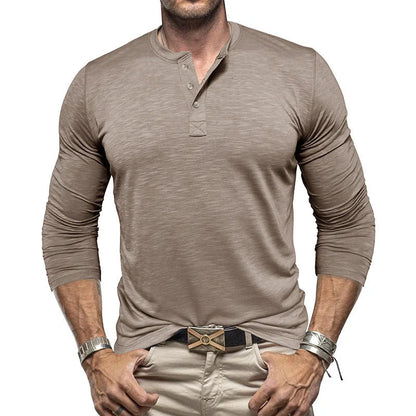 Premium long-sleeve henley shirt for men in a variety of colors and sizes
