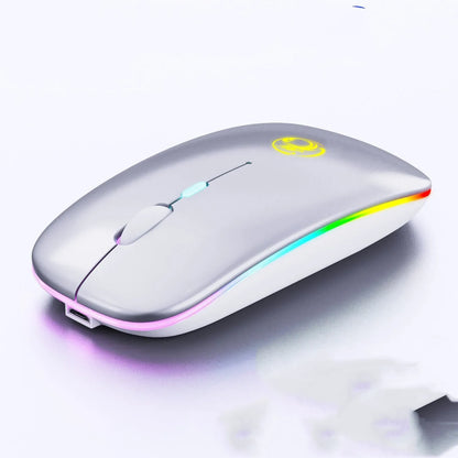 Black or white wireless silent mouse with charging light, dimensions 112x57x25mm, showing adjustable DPI switch.