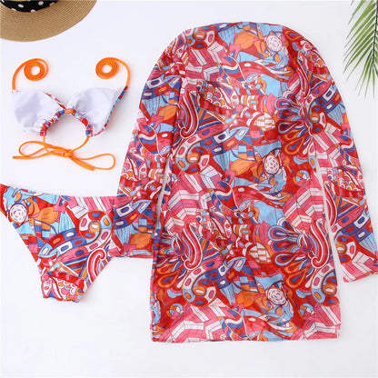 Women's mesh three-piece bikini set in red and green, sizes S to L