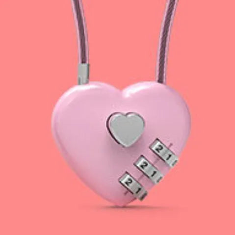 Peach heart-shaped ABS plastic bicycle helmet lock with a long steel cable, shown in various colours.