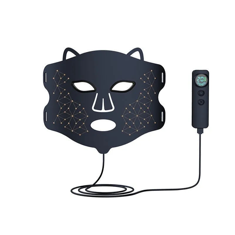 Black LED photon light therapy facial mask for at-home skin treatment on wrinkles and acne.