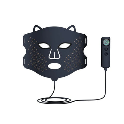 Black LED photon light therapy facial mask for at-home skin treatment on wrinkles and acne.