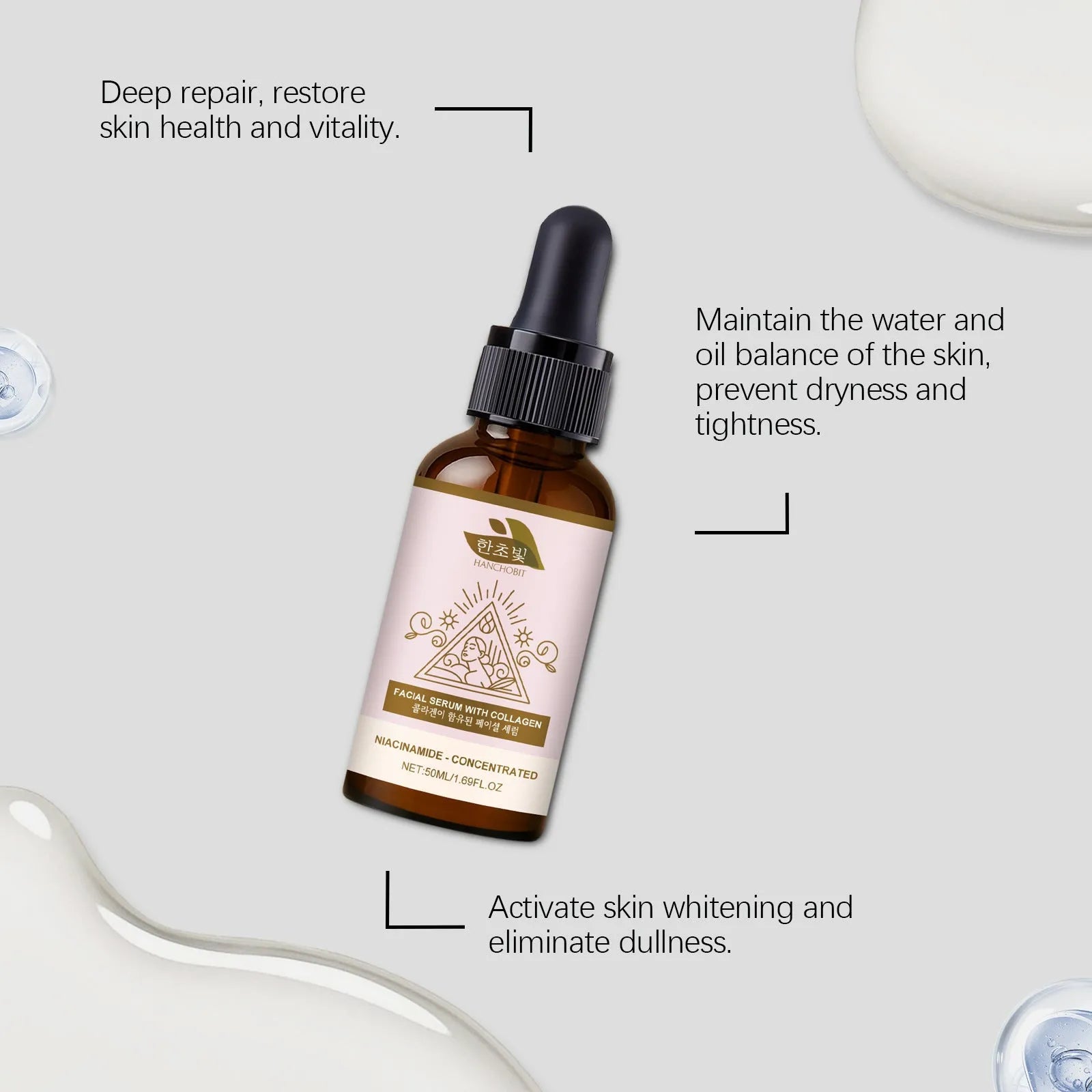 50ml collagen facial fluid bottle with nicotinamide and glycerol for facial hydration