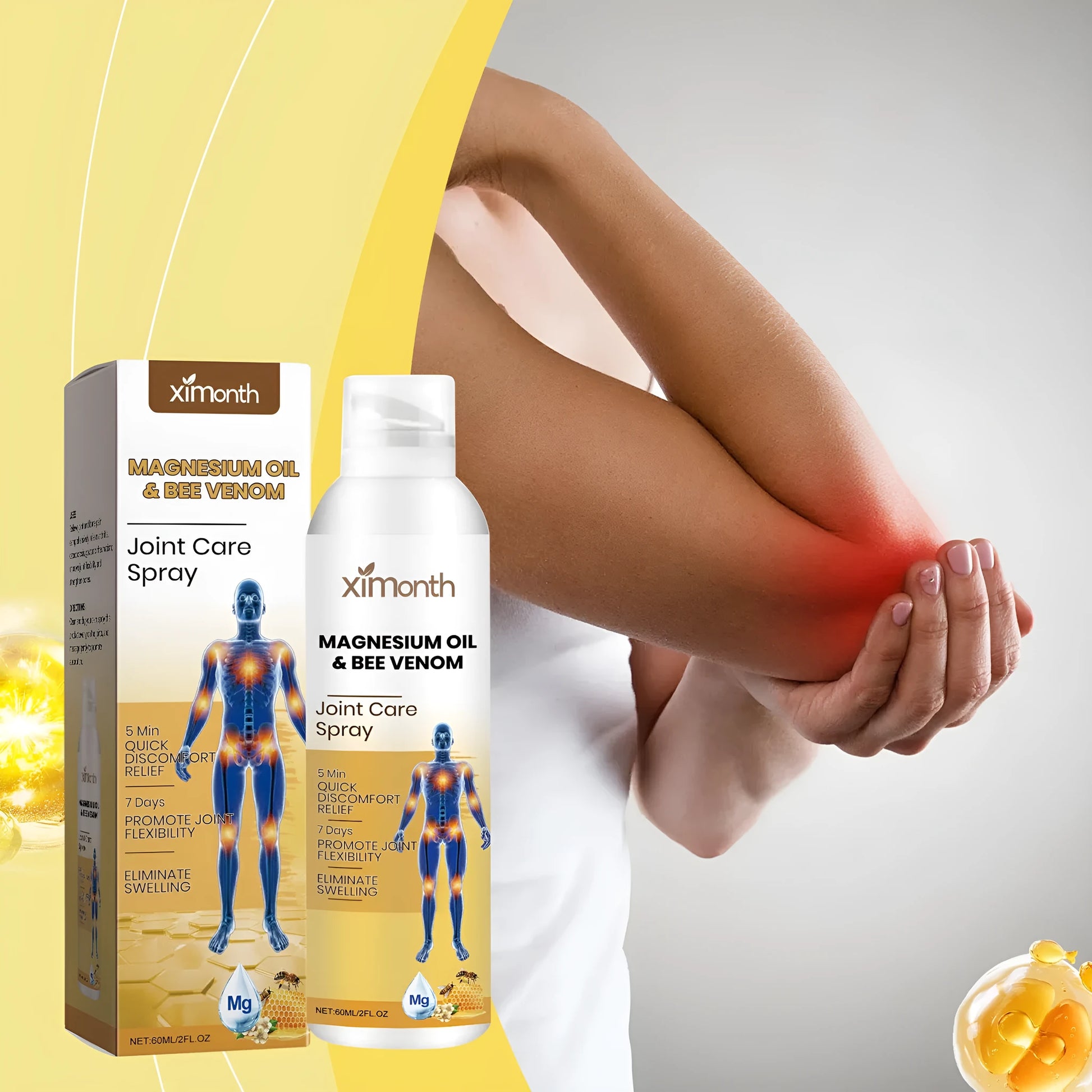 60ml joint care moisturising spray bottle with menthol, coconut oil and bee venom active ingredients