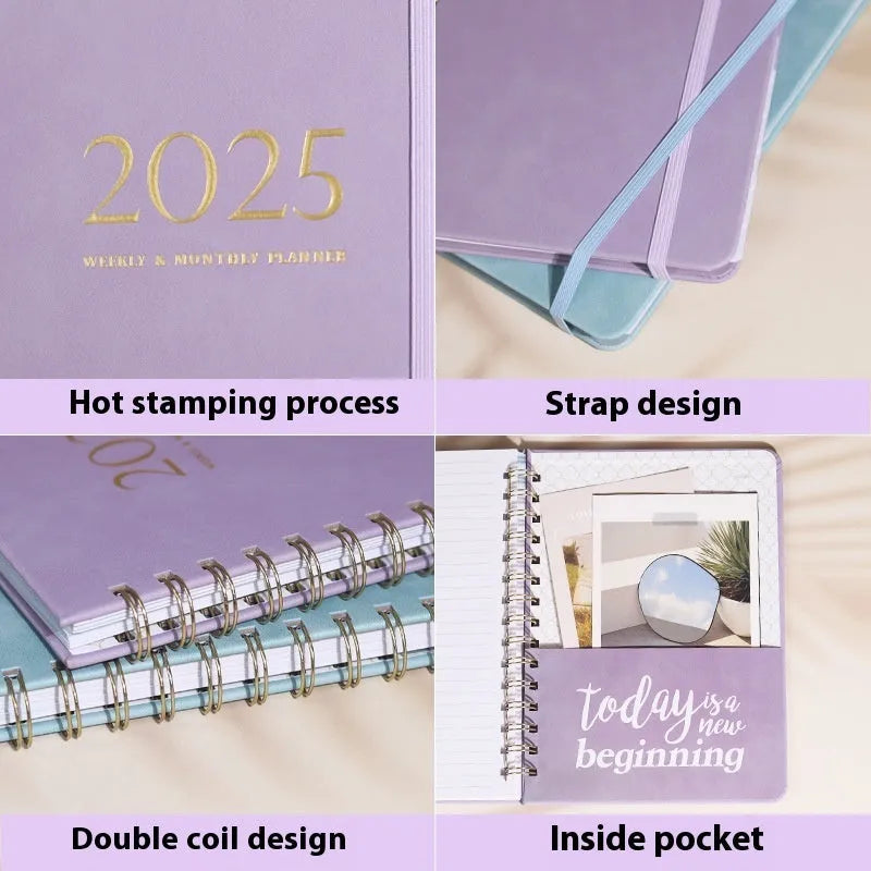 A5 size PU leather notebook with metal coil binding in a choice of colours including black, blue, and brown.