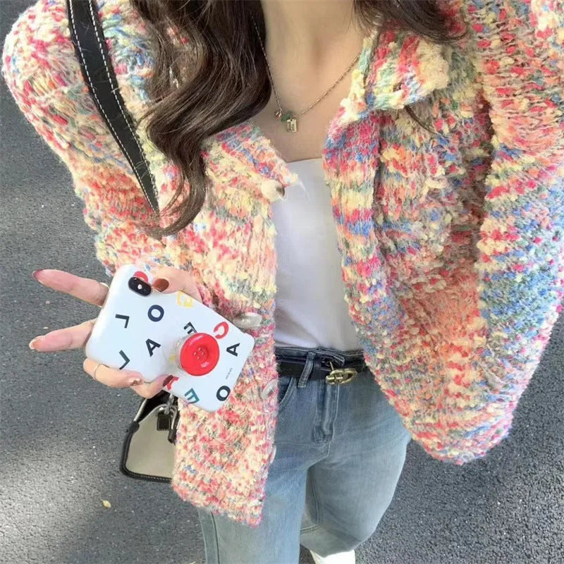 Pink and green retro style knitted cardigan with slim fit and toothbrush hair fabric