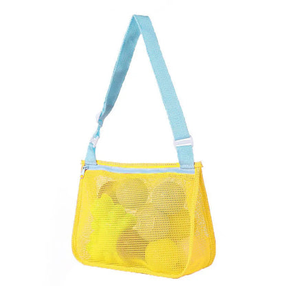 Blue children's travel storage organiser bag with nylon mesh construction and shoulder strap