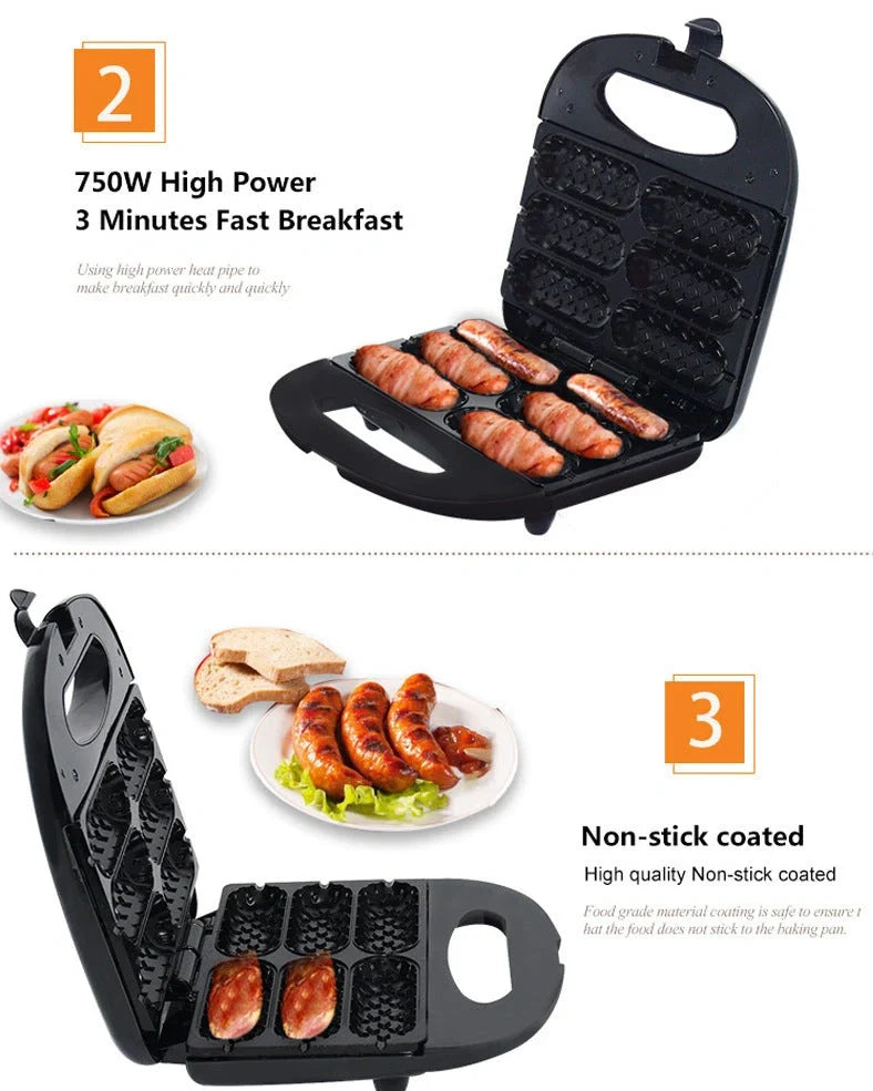 Black hot dog roasting machine with non-stick cooking surface and UK electrical plug