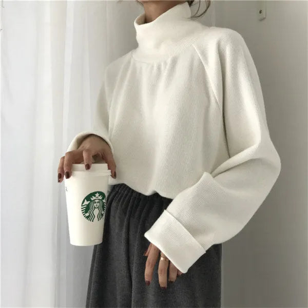 Women's pure colour half-high collar long sleeves top in loose fit, available sizes S to 3XL