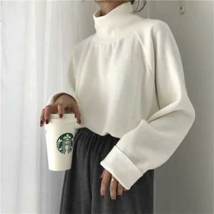 Women's pure colour half-high collar long sleeves top in loose fit, available sizes S to 3XL