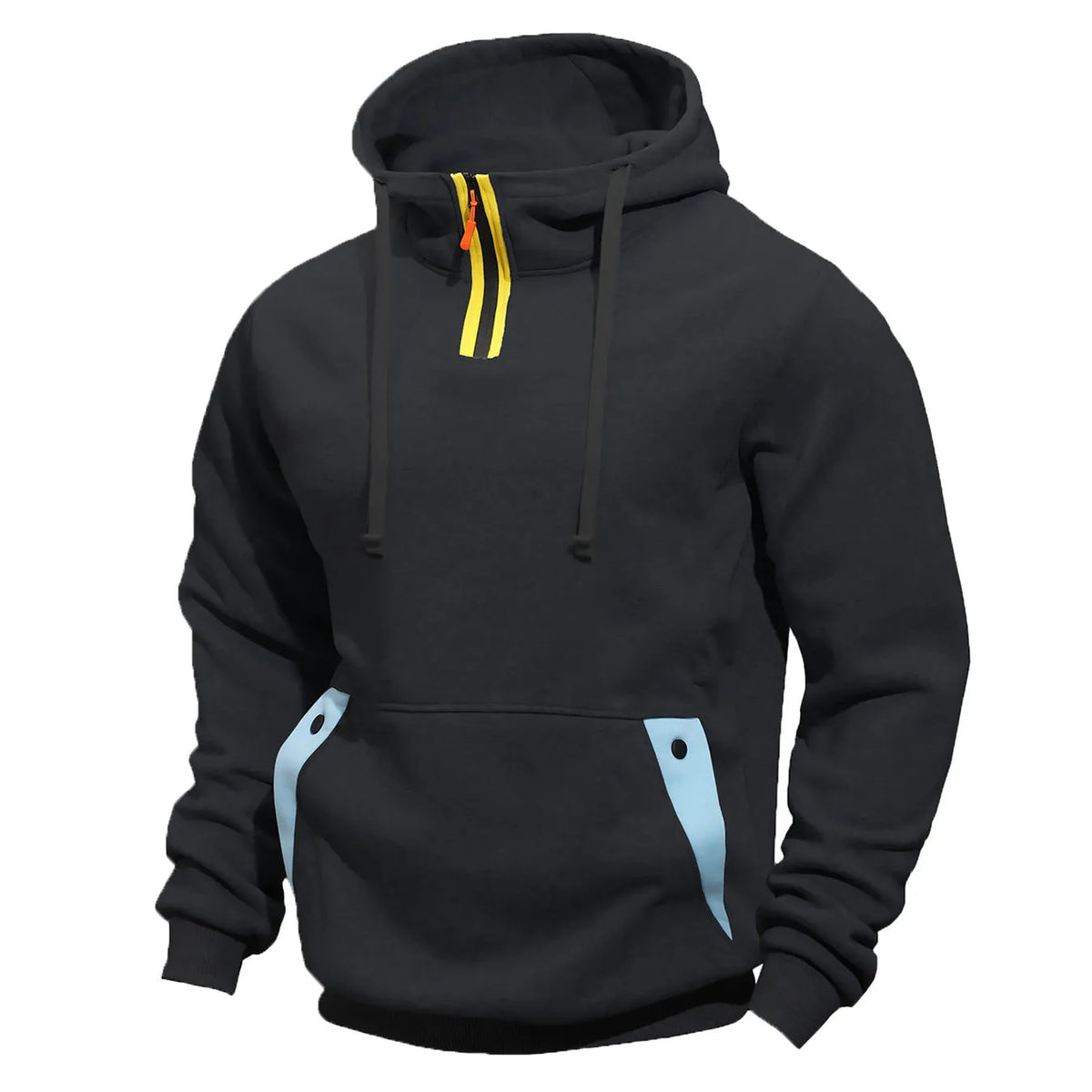 Men's loose zip pullover hoodie in solid colour polyester with size stick pocket, sizes M to XXXL