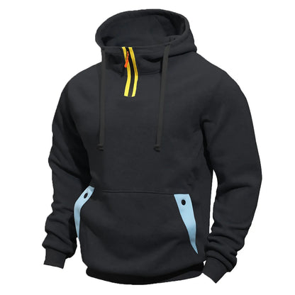 Men's loose zip pullover hoodie in solid colour polyester with size stick pocket, sizes M to XXXL