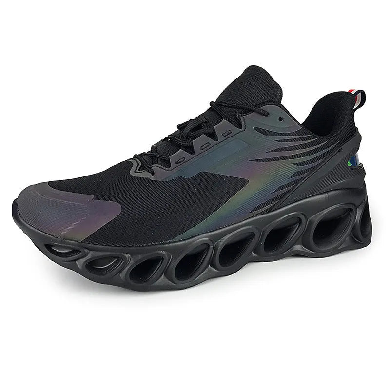 Breathable mesh casual trainers in black colour with lace-up closure and EVA sole