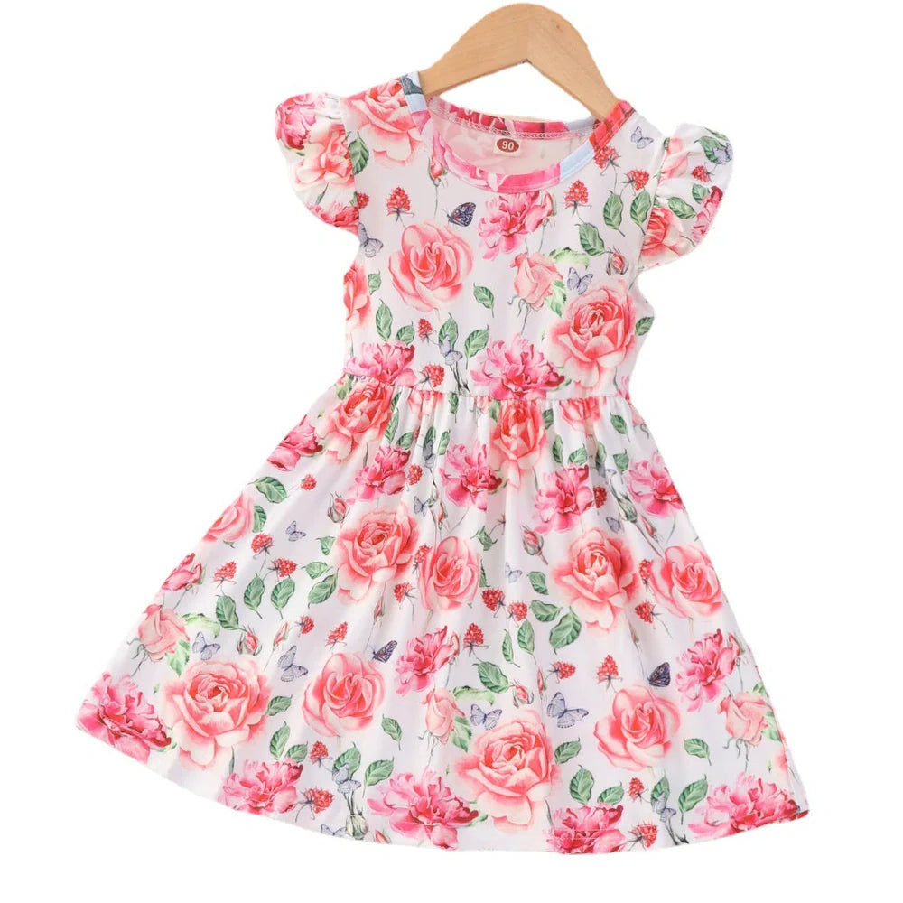 Girl's flounced sleeve dress with A-line skirt in polyester, available in multiple colours for ages 1-6 years