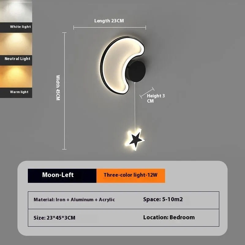 Black five-pointed star shaped children's wall lamp with a left-facing cloud design and touch control for three colour LED light.