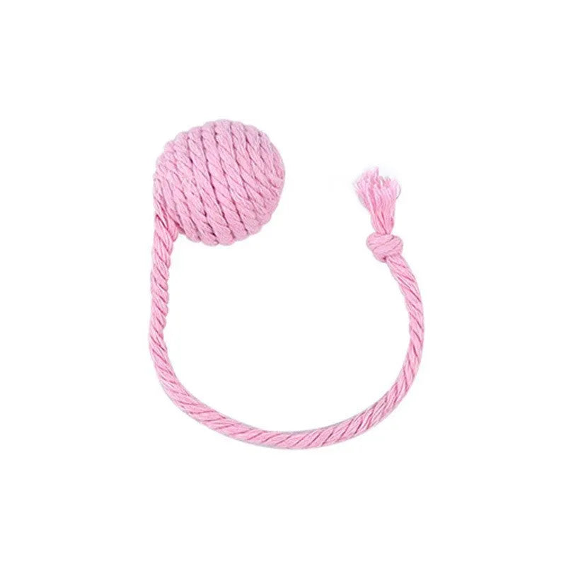 Interactive cat toy ball with bell and rope in green, pink, purple or yellow colours, shown in 3cm and 6cm sizes
