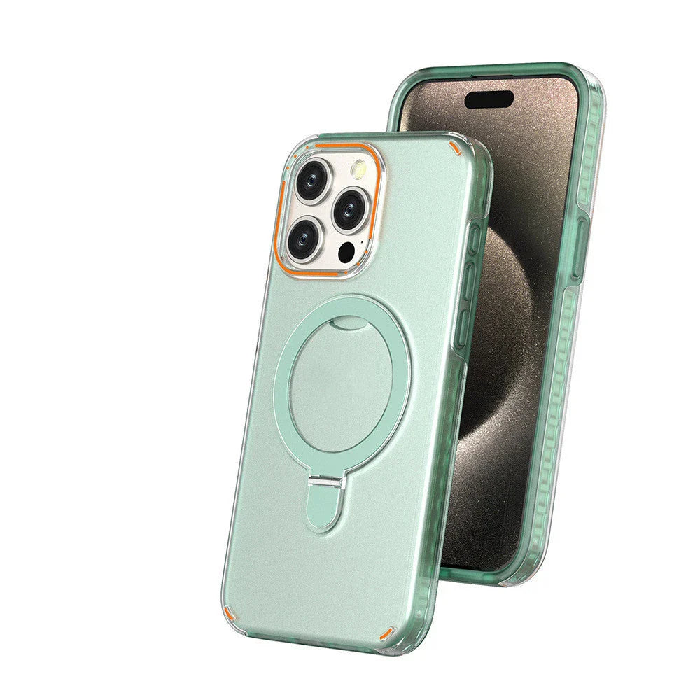 Magnetic smartphone case with kickstand and MagSafe wireless charging compatibility for various iPhone models