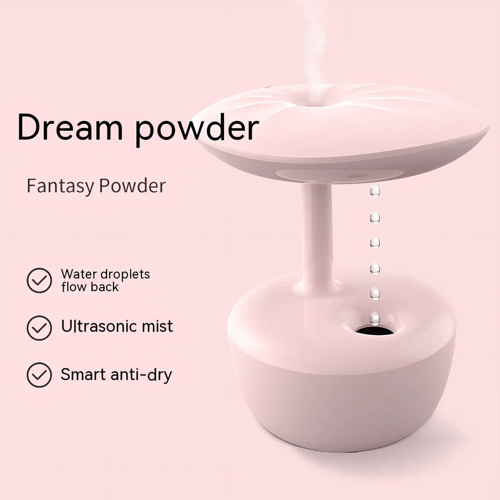 White lotus leaf shaped USB humidifier with mist output and LED illumination on wooden surface