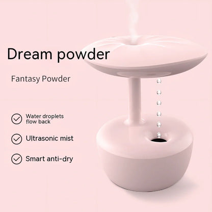 White lotus leaf shaped USB humidifier with mist output and LED illumination on wooden surface