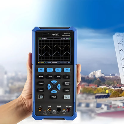 Owon HDS272 handheld digital oscilloscope with probe and accessories on a workbench.