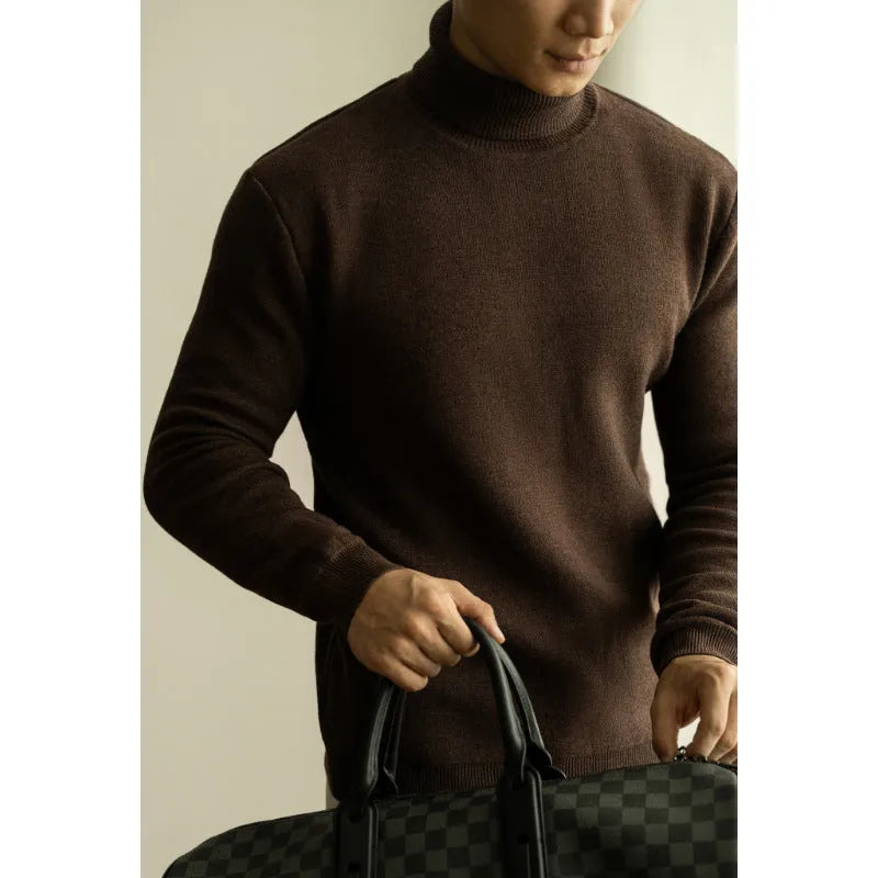 Men's long-sleeved slim fit sweater in black, brown, dark gray, light apricot or white, sizes S to 3XL.