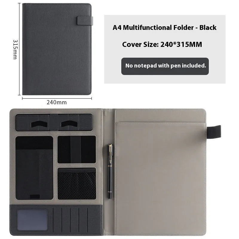 Leather A4 business folder showing 35mm thickness and 325x250mm dimensions with optional pen and notepad accessories