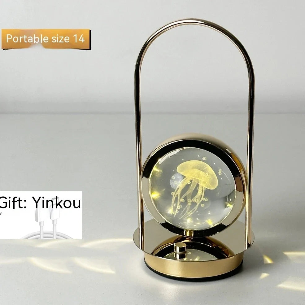 Metal portable ambience light with lantern shape measuring 11×23cm, showing touch controls and 27 colour options
