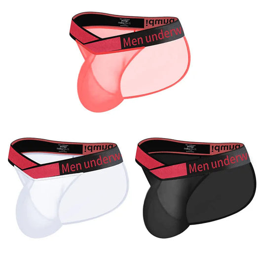 Men's black ice silk briefs with low waist and large V gradient high fork design on a white background