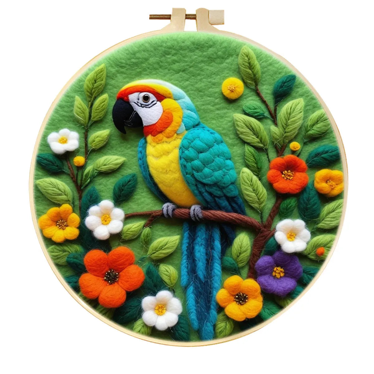 Round fabric embroidery kit with 20x20cm linen frame and wool felt for three-dimensional floral artwork