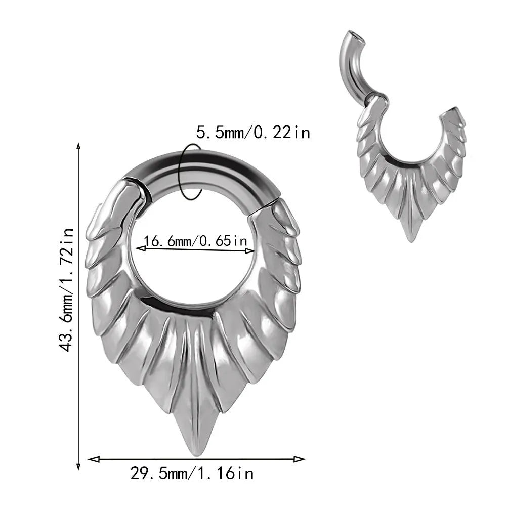 Drop-shaped stainless steel ear extender with round hanging egg design and totem etching in four colour variations