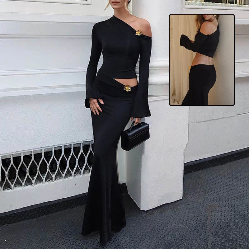 Oblique shoulder women's skirt suit with floral bell sleeves and high waist long skirt in black