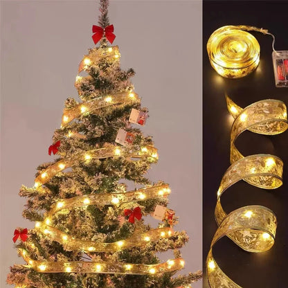 LED Christmas silk light string with battery operation in gold, red, or silver colours with 3.8cm or 5cm wide silk coverage