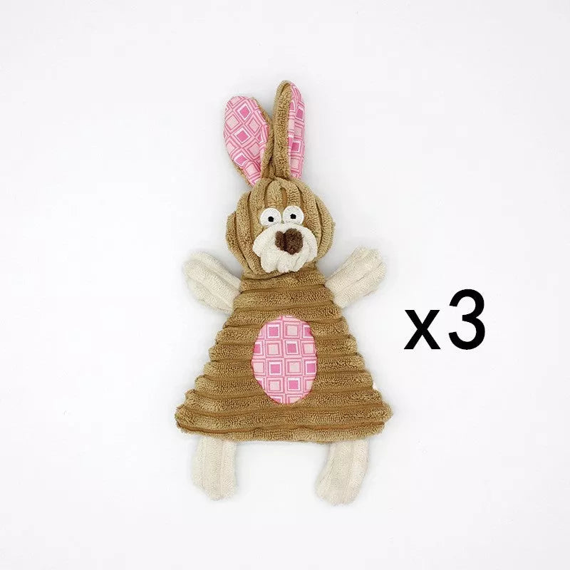Donkey-shaped corduroy chew toy for dogs with squeaker, available in white, brown, and gray