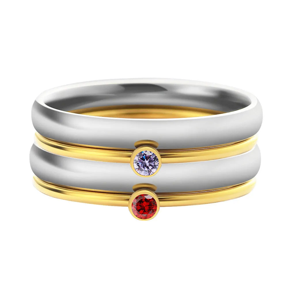 December colour birthstone titanium steel ring with geometric shape and electroplated gold lettering on adjustable sizing band