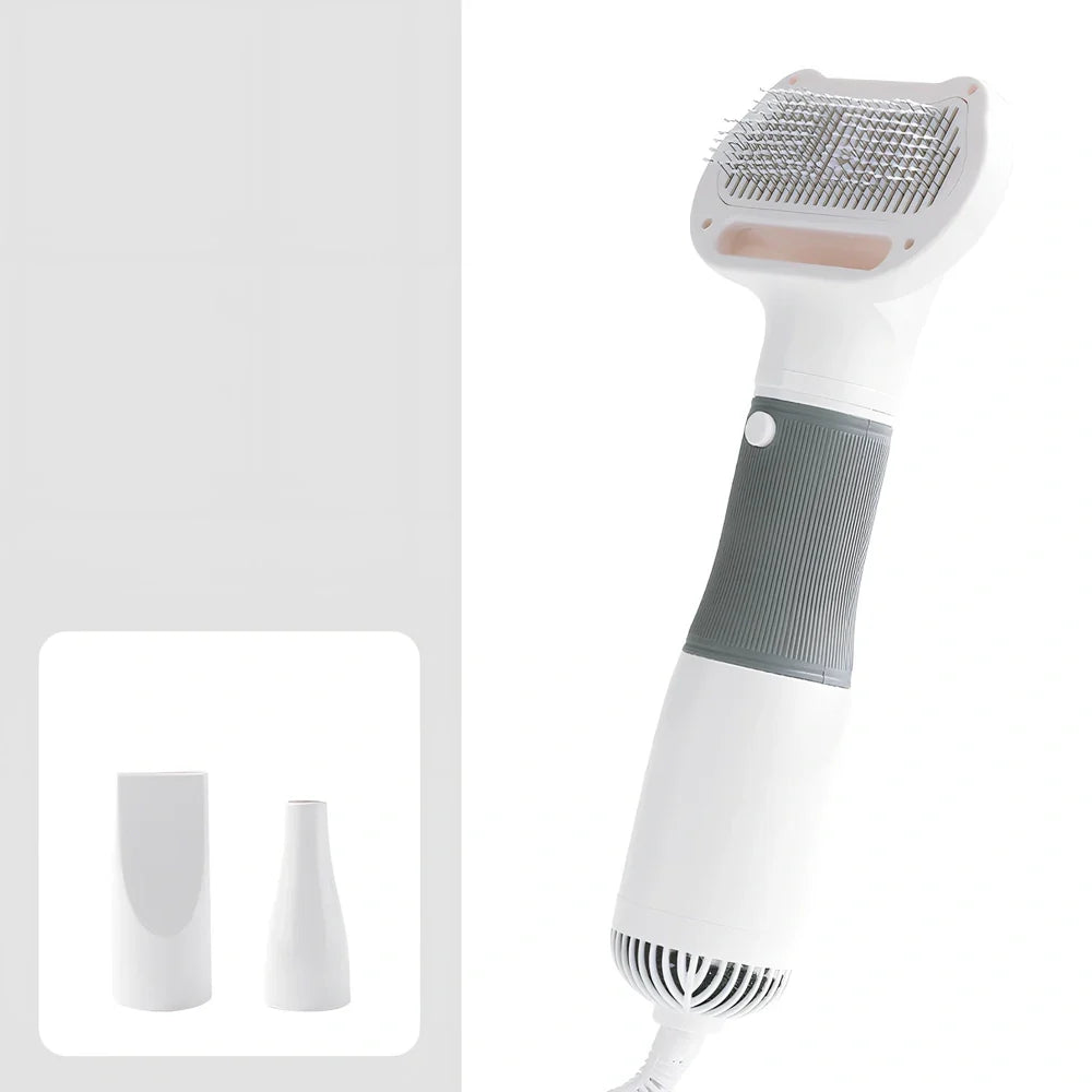 Grey electric pet grooming comb with hair removal function, 29cm length with two wind head attachments