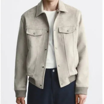 Men's suede velvet commuter jacket in British style with long sleeves, shown in mink colour.