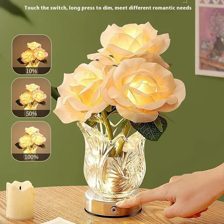 Modern crystal flowers design rechargeable touch table lamp with dimming control on a bedside table.