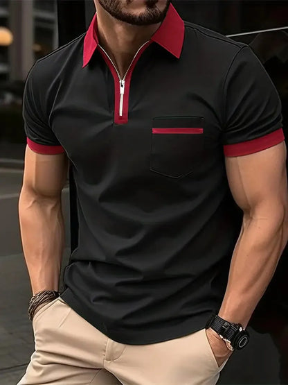 Men's short sleeve casual shirt with chest pocket zipper decoration in multiple colour combinations