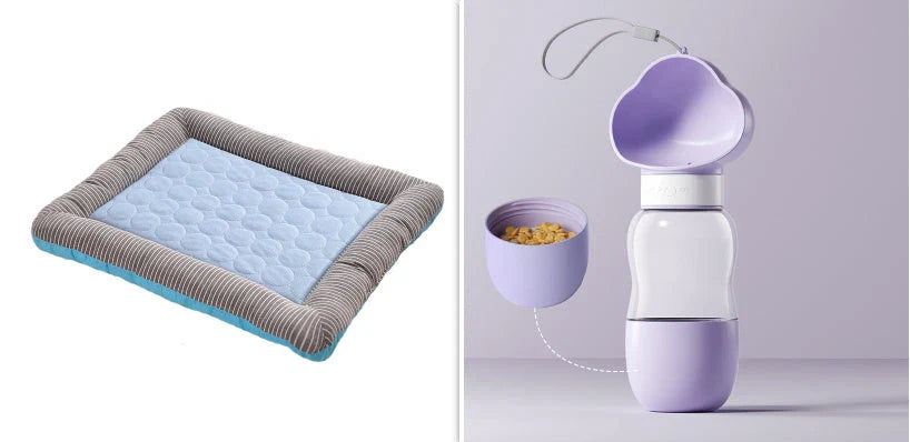 A plush, breathable cooling pet bed in blue and red colors, designed to keep dogs and cats comfortable in the summer heat.