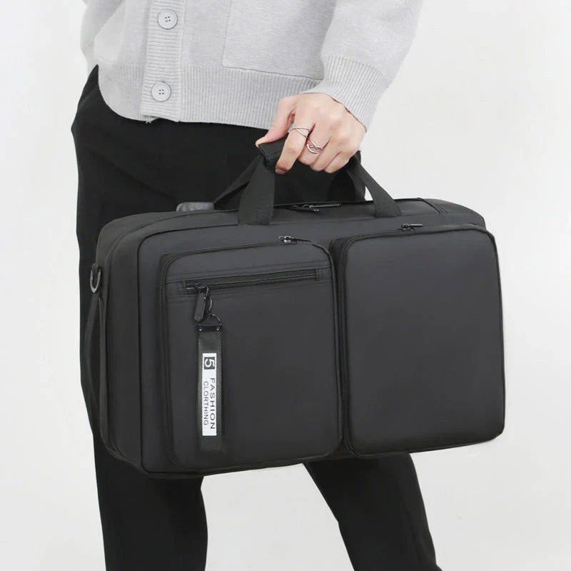 Versatile business laptop backpack with large capacity, USB charging port, and stylish design in gray and black colors
