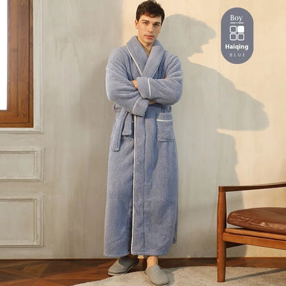 Winter flannel bathrobe with thick 301-350g/m² fabric in 2102 navy blue colour, European/American style