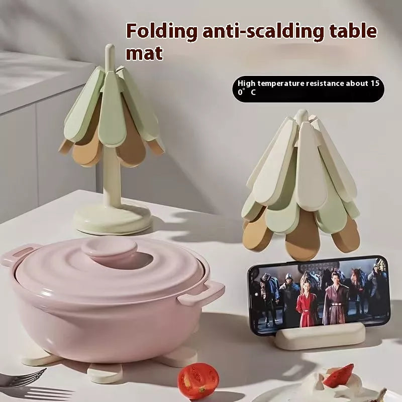 Tree-shaped silicone trivet set for heat protection on kitchen countertops