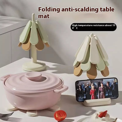 Tree-shaped silicone trivet set for heat protection on kitchen countertops